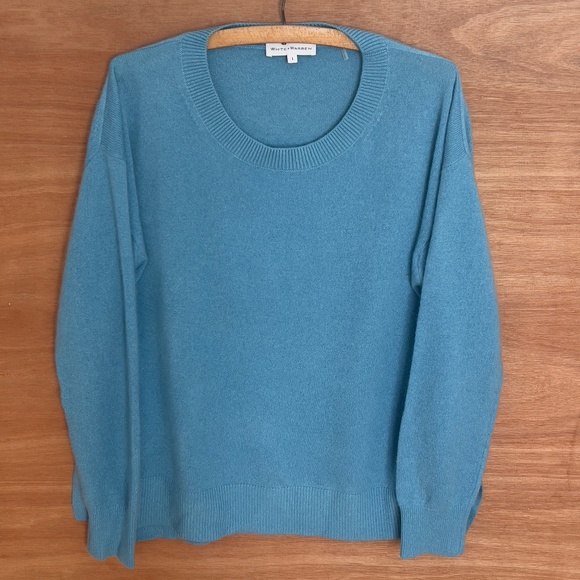 WHITE + WARREN cashmere pullover sweater size L large blue ribbed crew neck - Picture 2 of 8